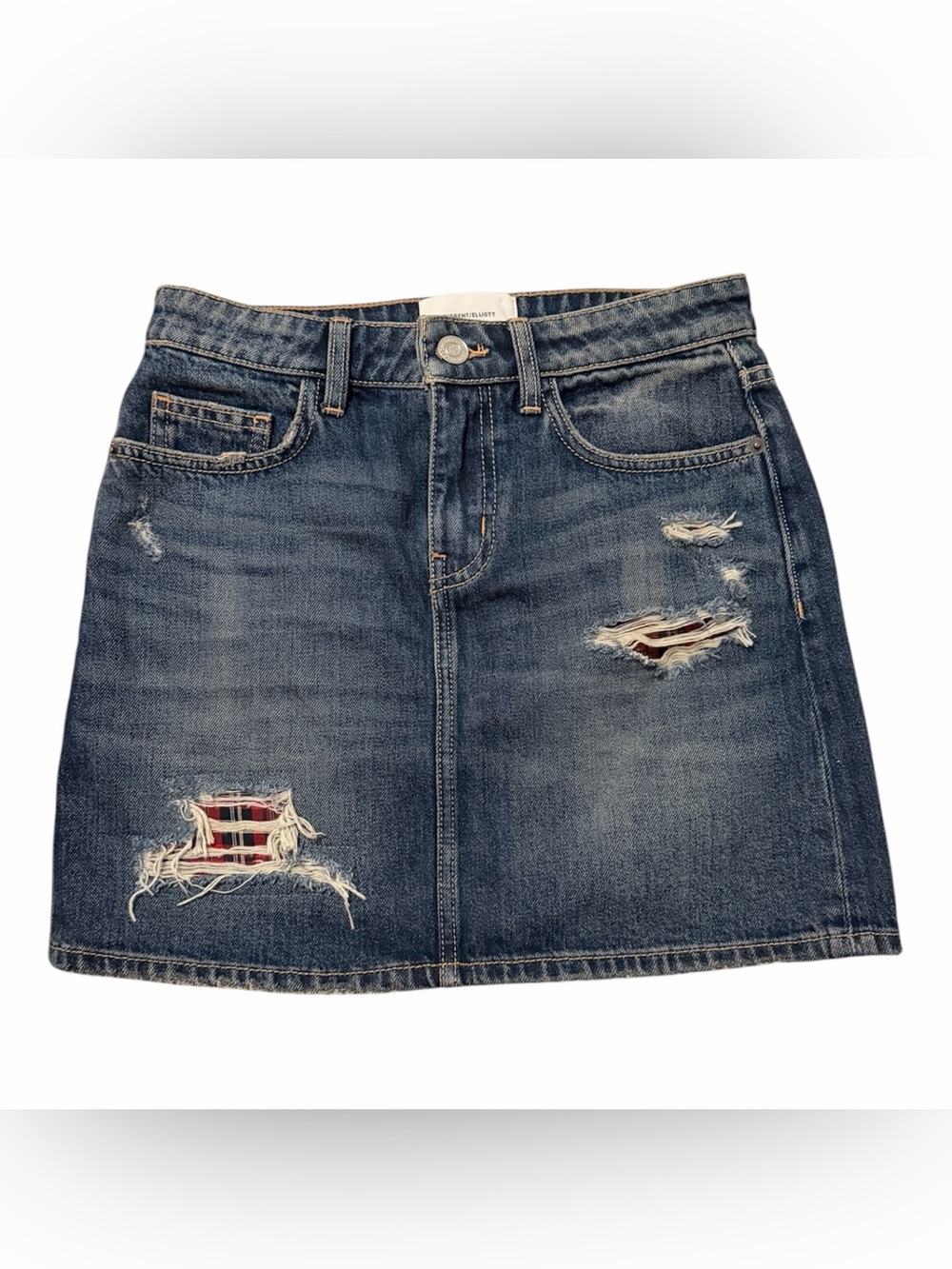 Current/Elliott Distressed Denim Mini Skirt with Plaid Patches - Blue